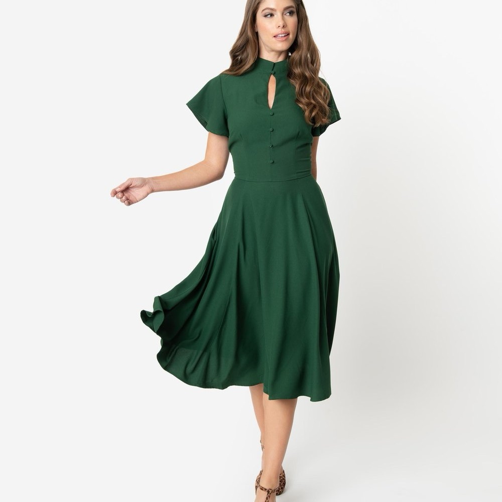 Elegant Green Button-Front Midi Dress